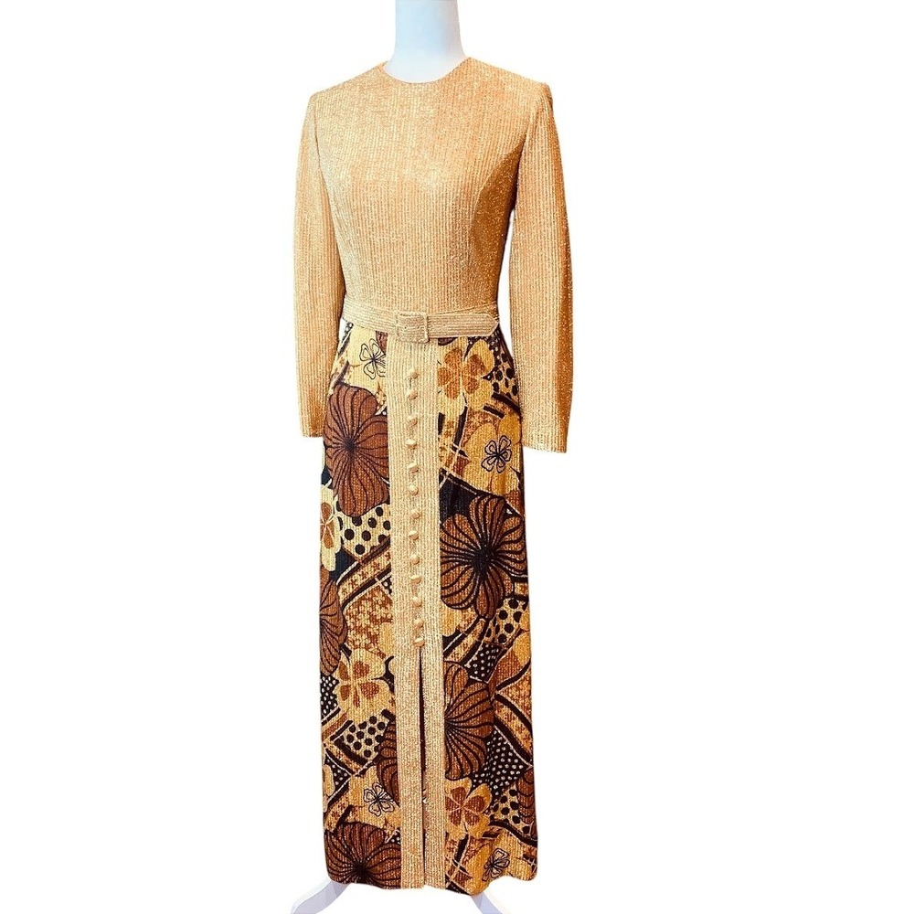 Metallic Gold Maxi Dress Vintage 60s 70s Flower Power Mod Pop Art Henry-Lee 12